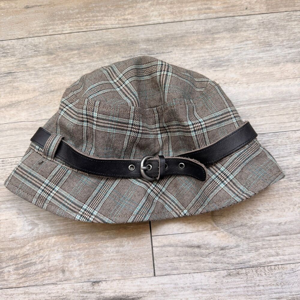 GAP Y2K Plaid Bucket Hat Brown Blue Belted Newsboy Style Size Vintage